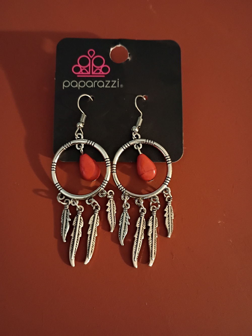 Paparazzi Coral Hoop Feather Charm Earrings